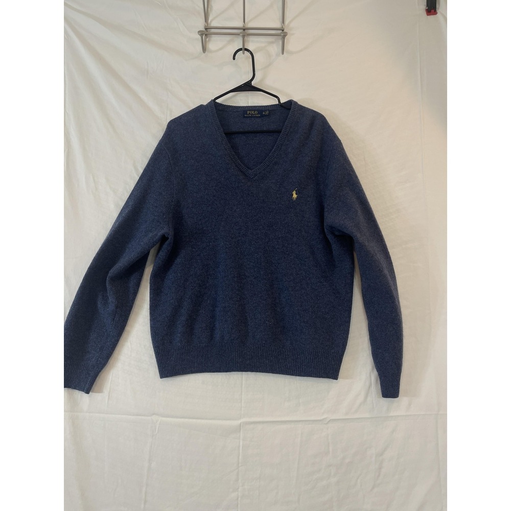 Polo Ralph Lauren Sweater Mens XL Blue‎ V Neck Wool Knit Pullover Pony